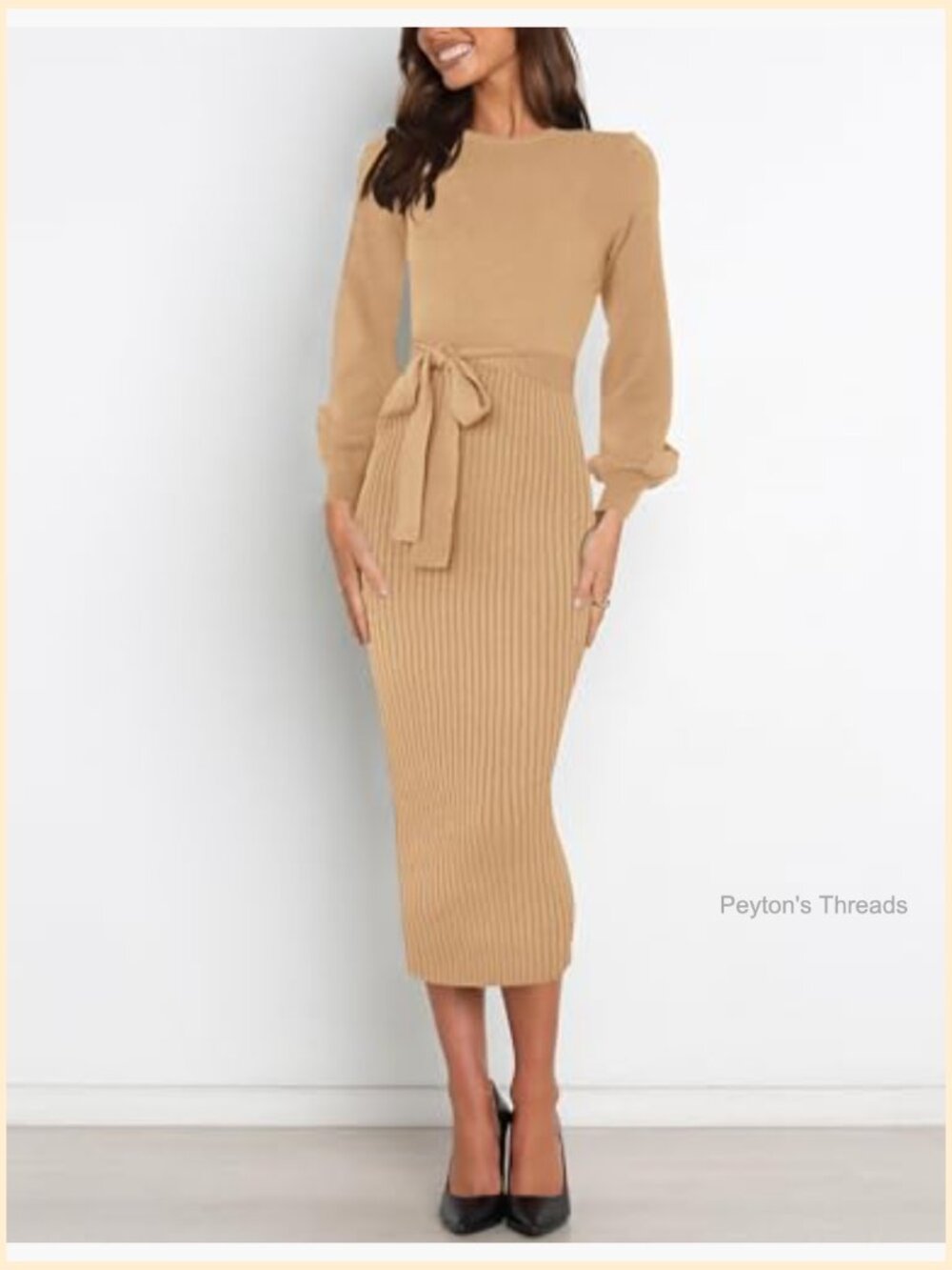 Womens Ribbed Knit Bodycon Midi Sweater Dress Puff Long Sleeve Work - Picture 3 of 7